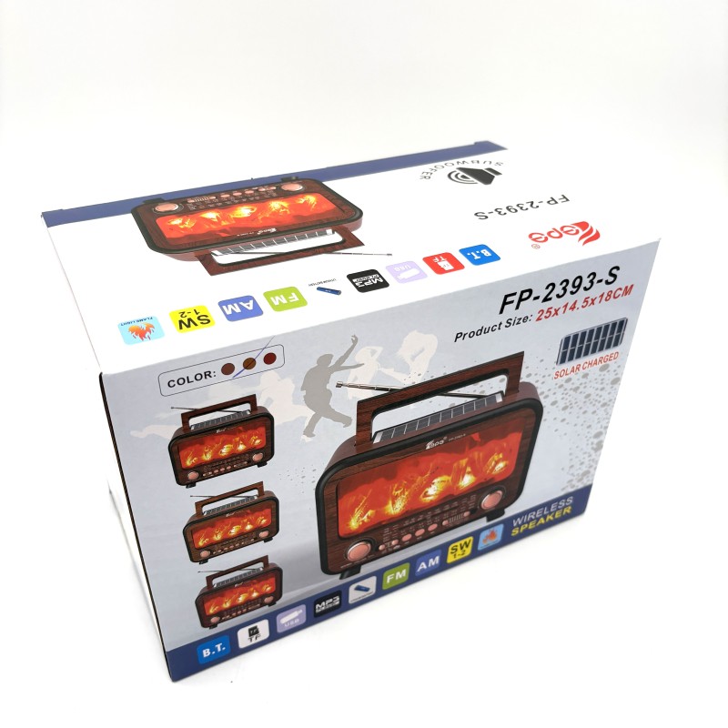 Radijas FP-2393-S Lepe su FM/AM/SW bangomis, Bluetooth, USB, TF, saulės įkrovimu ir liepsnos efektu
