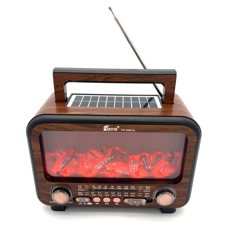 Radijas FP-2393-S Lepe su FM/AM/SW bangomis, Bluetooth, USB, TF, saulės įkrovimu ir liepsnos efektu