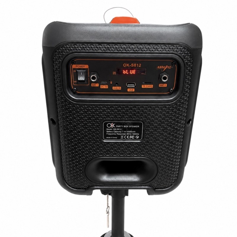 Kolonėlė OK-S812 su stovu, 2 mikrofonais, pulteliu, RGB LED, Bluetooth, USB, AUX, TF kortele ir radiju