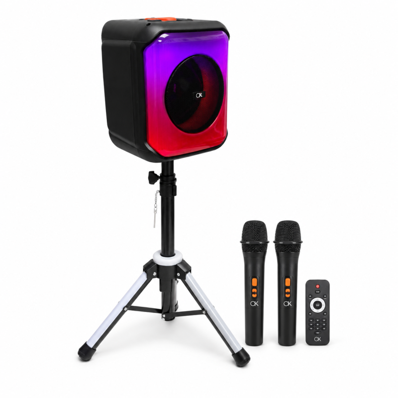 Kolonėlė OK-S812 su stovu, 2 mikrofonais, pulteliu, RGB LED, Bluetooth, USB, AUX, TF kortele ir radiju