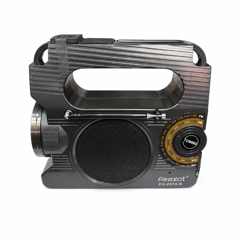 Radijas FX-2519-S Feexot su FM/AM bangomis, saulės baterija, rankiniu generatoriumi ir žibintuvėliu