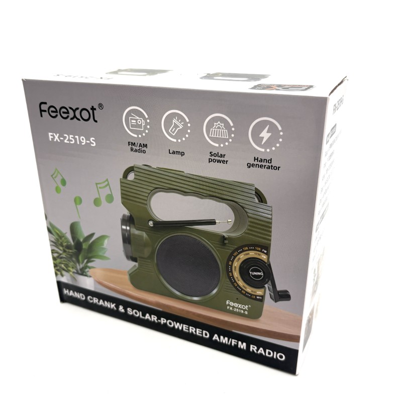 Radijas FX-2519-S Feexot su FM/AM bangomis, saulės baterija, rankiniu generatoriumi ir žibintuvėliu