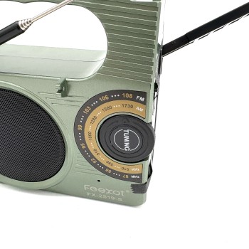Radijas FX-2519-S Feexot su FM/AM bangomis, saulės baterija, rankiniu generatoriumi ir žibintuvėliu
