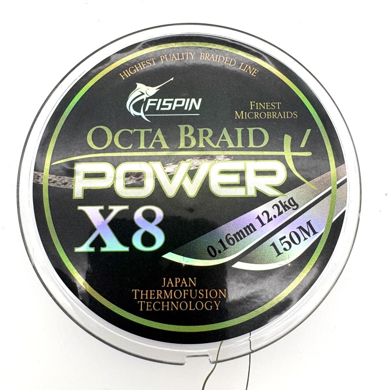 Pintas valas žvejybai FISPIN Octa Braid Power X8 0.16 mm 12.2 kg 150 m žalios spalvos