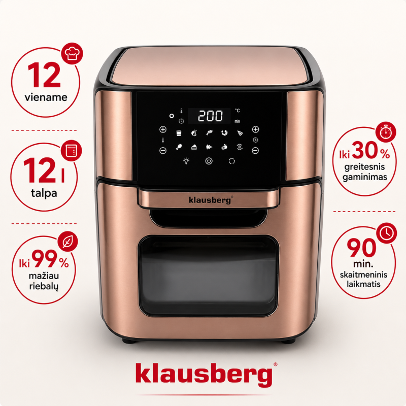 Karšto oro gruzdintuvė Klausberg KB-7598, 12 l, 12 in 1, 90 min. laikmatis