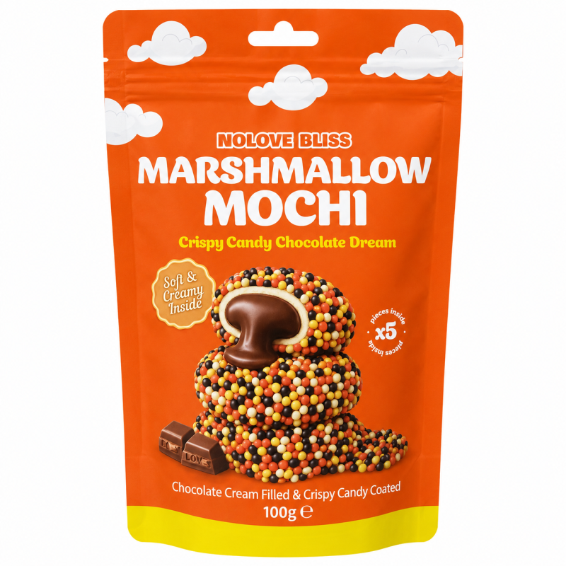 Zefyriniai mochi saldainiai NOLOVE BLISS Crispy Candy Chocolate Dream su šokoladiniu kremu, 100 g