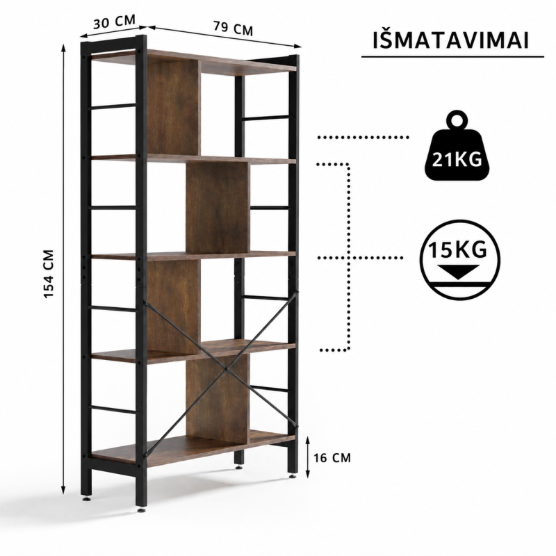 Pastatoma 5 aukštų lentyna 79 × 30 × 154 cm, apkrova iki 15 kg lentynai