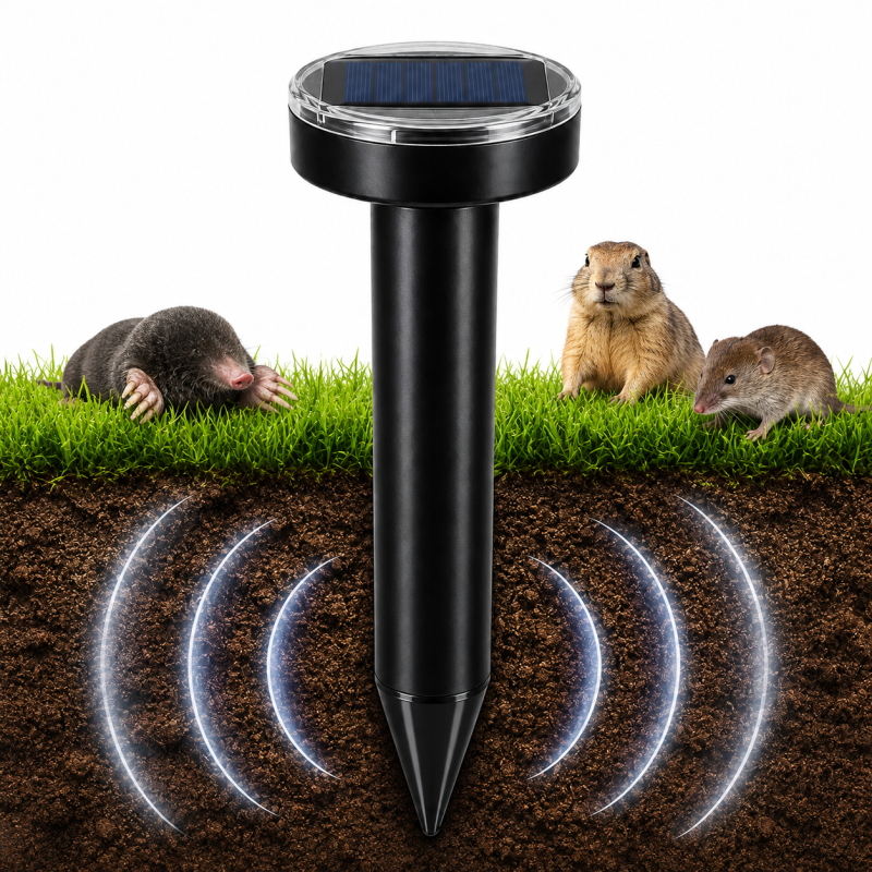Saulės energija įkraunama kurmių ir graužikų baidyklė, 400–1000 Hz, 600 mAh Saulės energija įkraunama kurmių ir graužikų baidyklė, 400–1000 Hz, 600 mAh