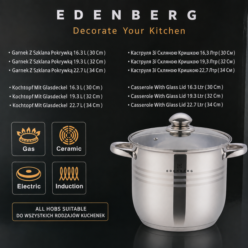 Nerūdijančio plieno puodų rinkinys Edenberg EB-516, 6 dalių, 16,3 l / 19,3 l / 22,7 l