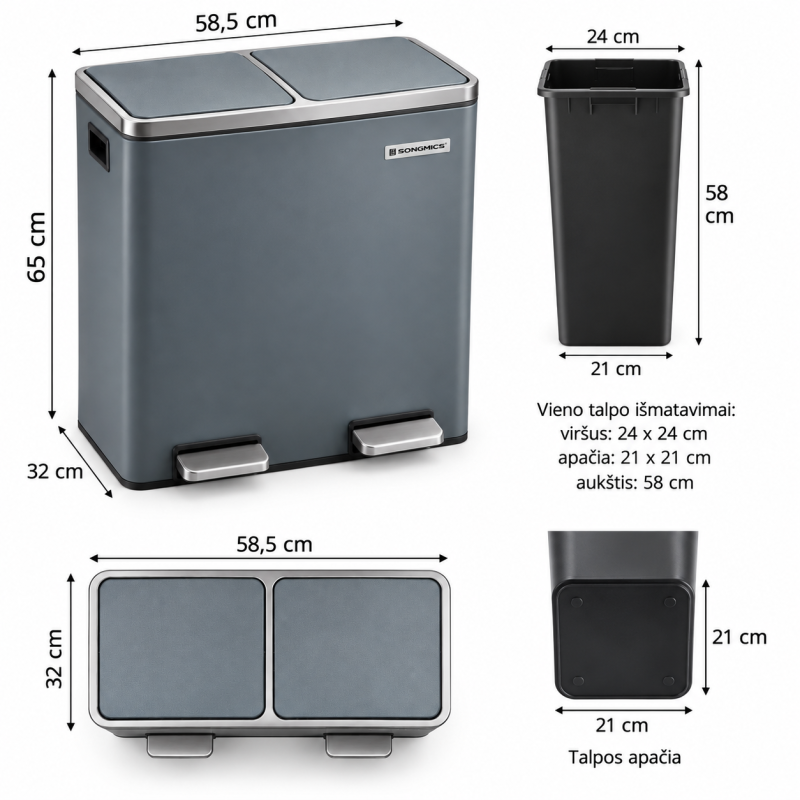 Dviguba pedaline siuksliadeze SONGMICS, 58,5 × 32 × 65 cm, 2 skyriai