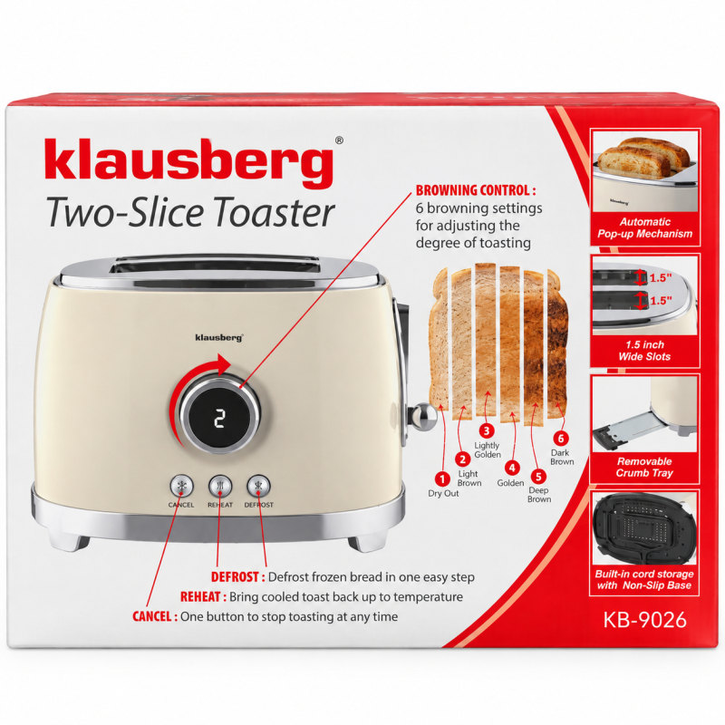 Tosteris–skrudintuvas Klausberg KB-9026, 850 W, 2 riekėms, 6 skrudinimo lygiai