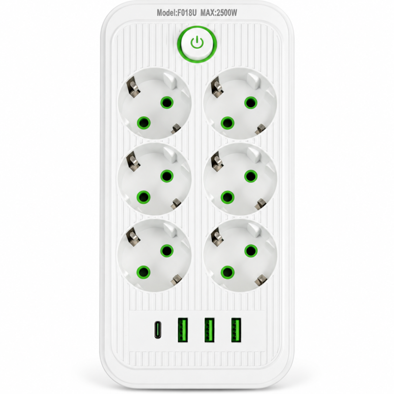 Elektros prilgintuvas F018U, 6 lizdai, 3 USB + USB-C, 2500 W