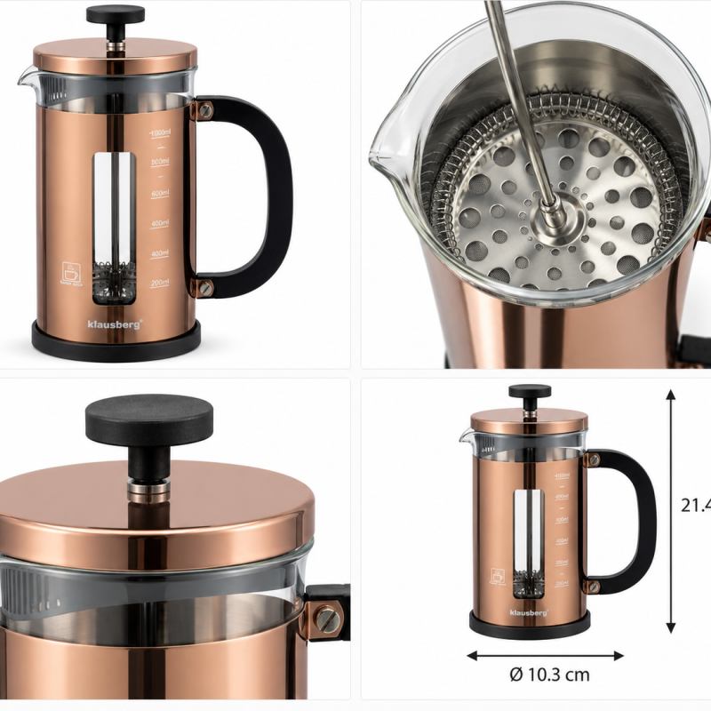 French press kavos ir arbatos plikytuvas Klausberg KB-7740, 1000 ml, Rose Gold