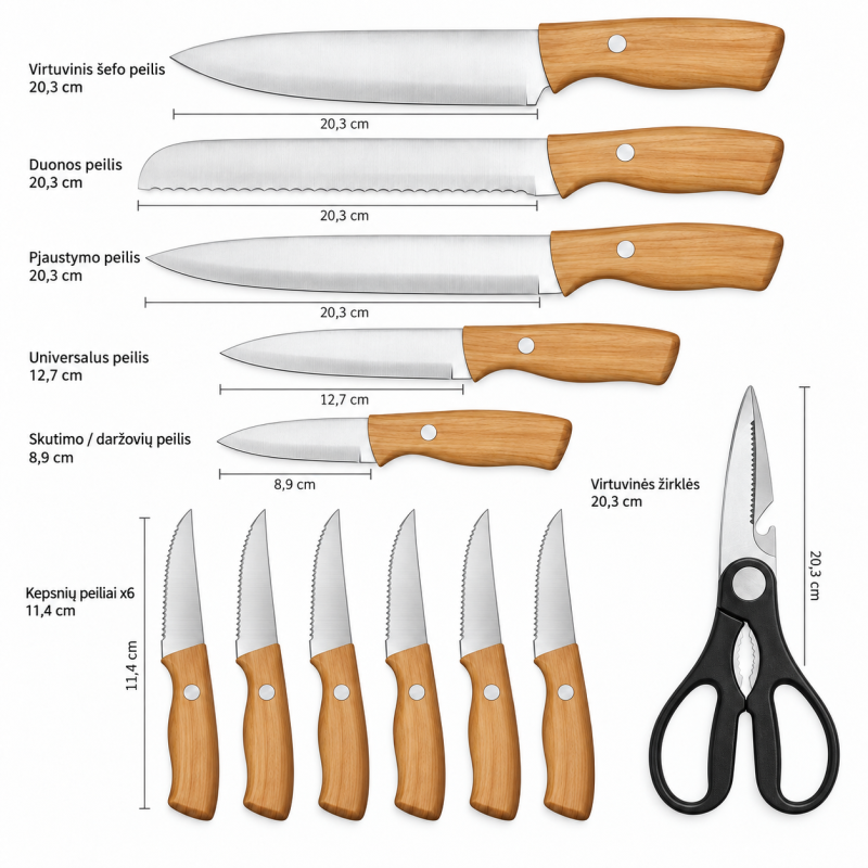Virtuvinių peilių rinkinys su stovu Klausberg KB-9038, 13 dalių, nerūdijantis plienas Virtuvinių peilių rinkinys su stovu Klausberg KB-9038, 13 dalių, nerūdijantis plienas