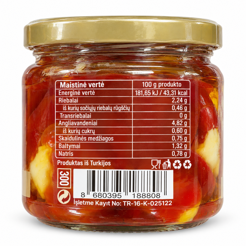 Turkiškos vyšninės paprikos, įdarytos sūriu, Sosero 290 g Turkiškos vyšninės paprikos, įdarytos sūriu, Sosero 290 g