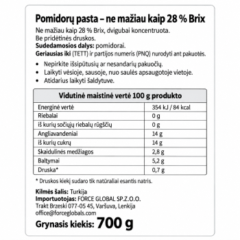 Turkiška dvigubai koncentruota pomidorų pasta Tarım Kredi 28% Brix, 700 g