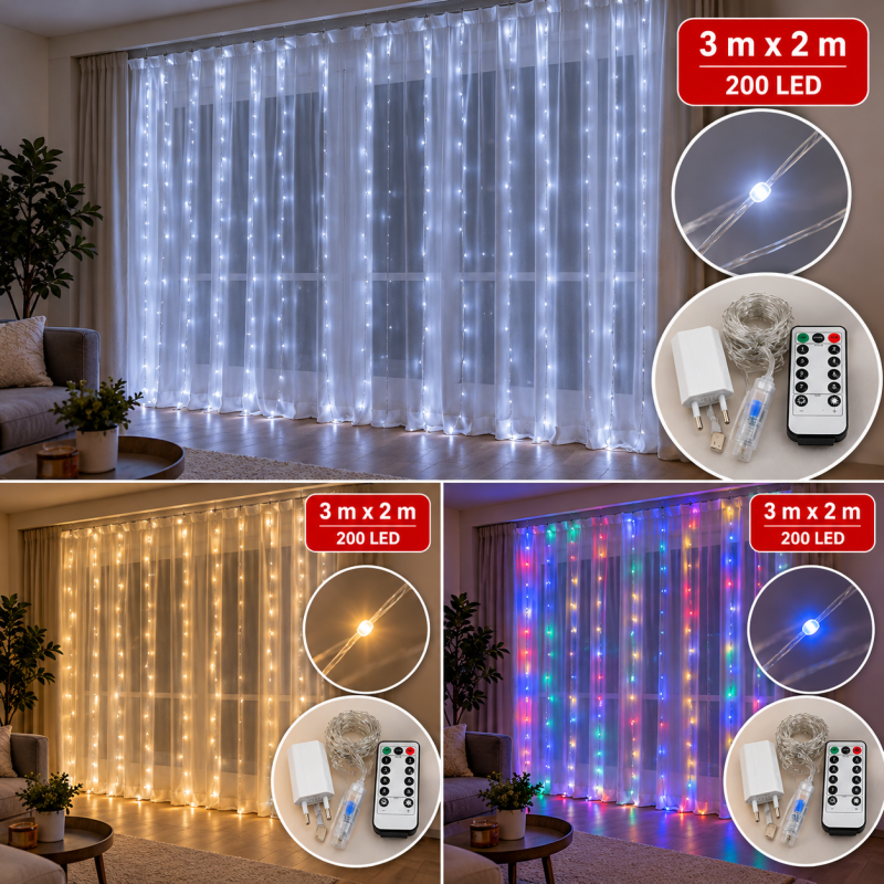LED lempučių užuolaida 200 LED, 3 x 2 m, su pulteliu LED lempučių užuolaida 200 LED, 3 x 2 m, su pulteliu