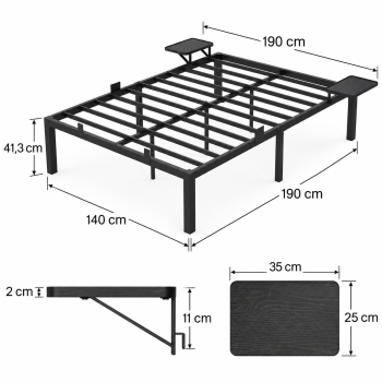 Metalinis dvigulės lovos rėmas 140x190 cm su 2 lentynėlėmis, juodas, tvirtas pagrindas čiužiniui