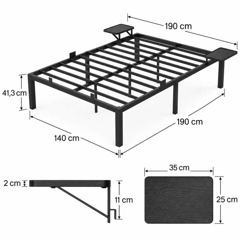 Metalinis dvigulės lovos rėmas 140x190 cm su 2 lentynėlėmis, juodas, tvirtas pagrindas čiužiniui Metalinis dvigulės lovos rėmas 140x190 cm su 2 lentynėlėmis, juodas, tvirtas pagrindas čiužiniui